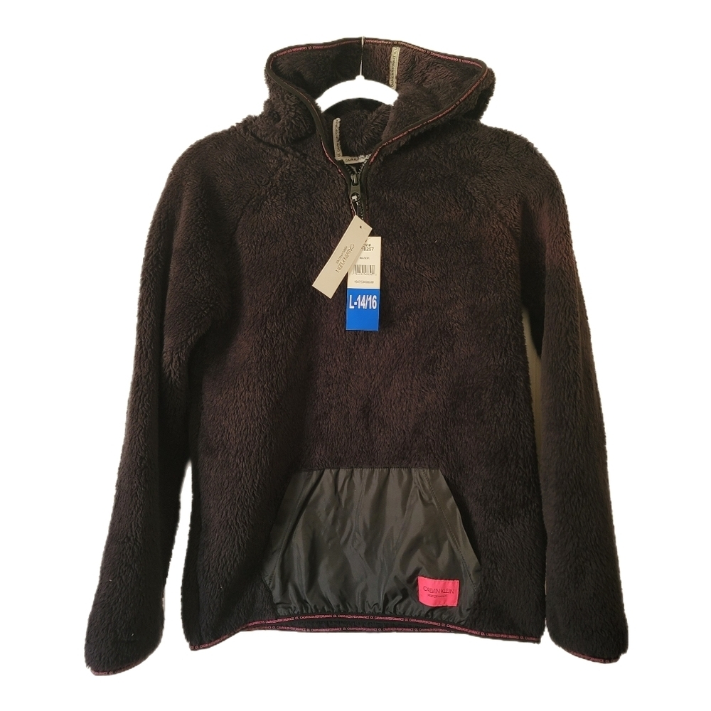 Calvin Klein Fleece Pullover Girls L Large 14/16 Black Hooded Quarter Zip